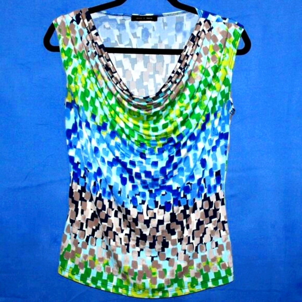Jennie & Marlise Cowl Neck Top - Women's - Abstract Print - Blue & Green Tones